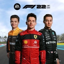 Lando Norris, Charles Leclerc, George Russell이 F1® 22 로고 아래 팀 레이스 슈트를 입고 서 있습니다.