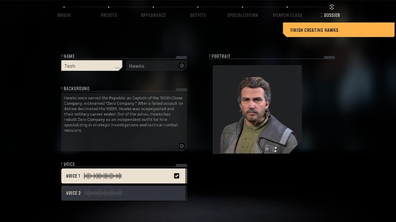 The Dossier screen is open. The player has input Tesh under Name and selected Voice 1 to finish creating Hawks.