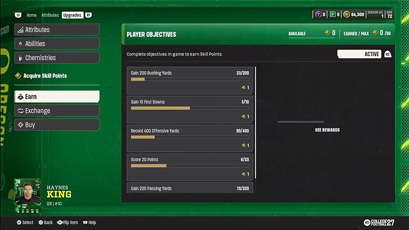 Player Objectives screen showing objectives with progress bars, with a See Rewards section on the right.