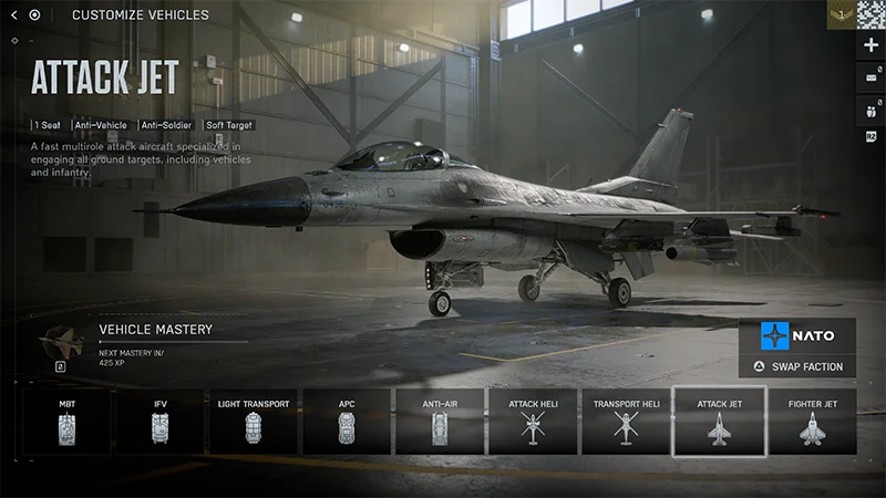The Attack Jet in the Vehicles menu in Battlefield 6.