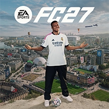 Kylian Mbappé stands above a city skyline with the EA SPORTS FC™ 27 logo to his left.