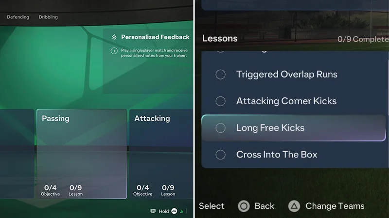 EA SPORTS FC training menu showing Attacking lessons, with Long Free Kicks selected.