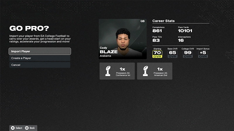 The Go Pro menu in Road to Glory that shows import options for a College Football player, with Import Player selected.