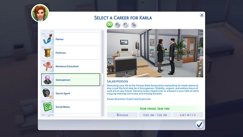 A menu for choosing a career in The Sims 4 highlights the Salaryperson career showing the hourly rate, and working days/times