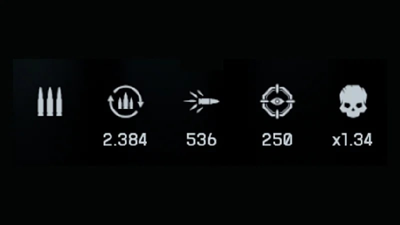 I simboli per modalità di fuoco, ricarica, velocità alla volata, velocità di mira e moltiplicatore colpo alla testa di BF6.