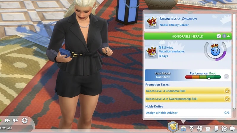 Une image montrant quelqu'un sur son téléphone. À gauche, le panneau Carrière est ouvert et montre l'alignement de la faveur.