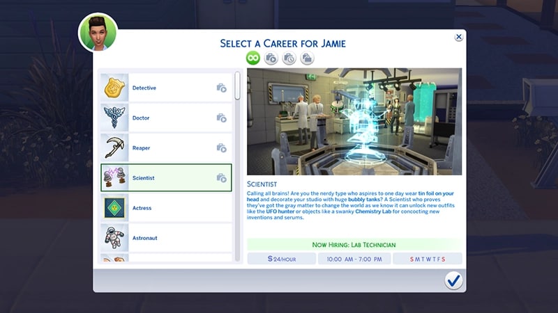 A menu for choosing a career in The Sims 4 highlights the Scientist career showing the hourly rate, and working days/times.