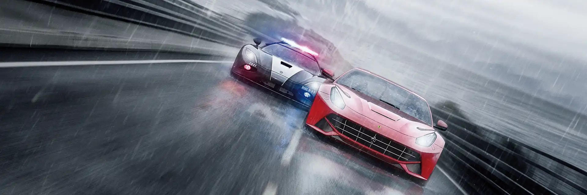 A red Ferrari speeds ahead as a police car closes in.