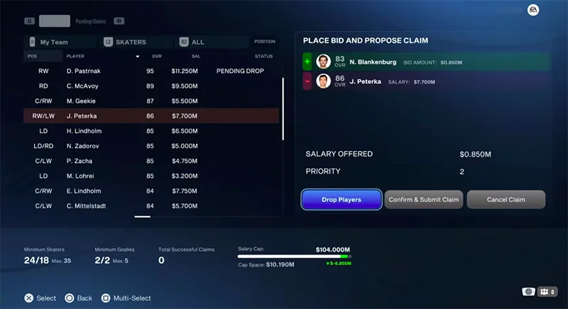 Free Agents screen highlighting the Drop Players button during a bid for J. Peterka.
