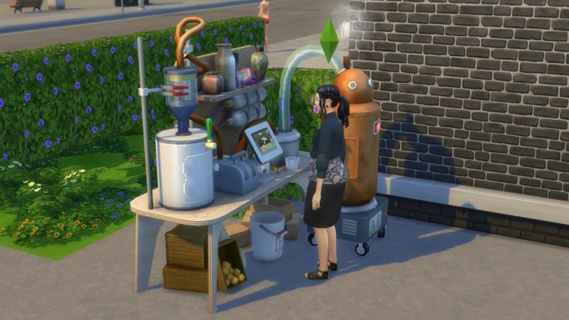 A Sim stands outside in front of the Juice Fizzing machine looking at the screen waiting for a batch to finish.