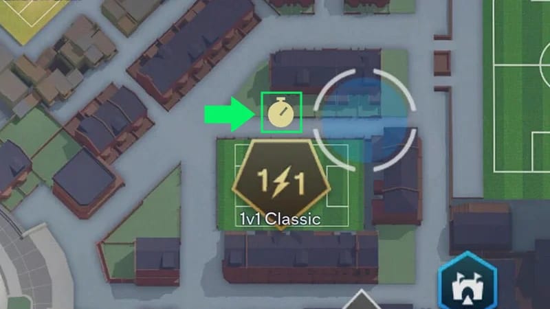 Timer icon above the 1v1 Classic gameplay location, showing an active live event.