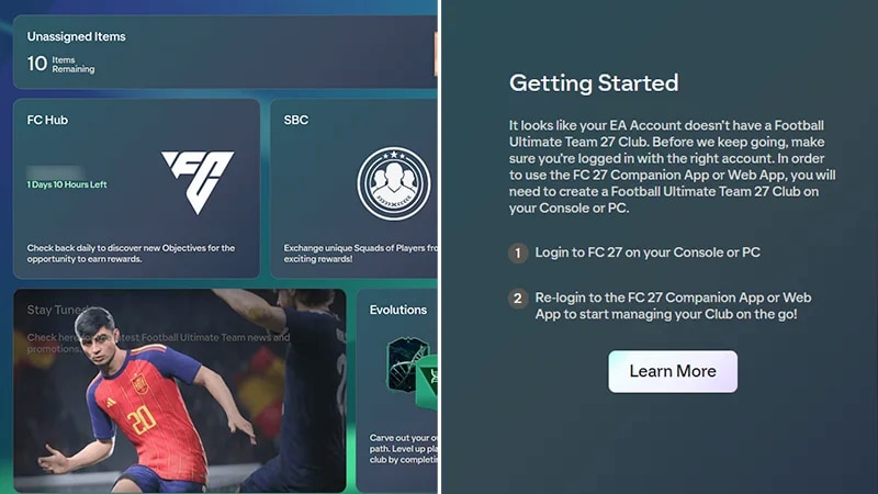The FC Web App shows a Getting Started message telling players to create an Ultimate Team™ Club on console or PC.