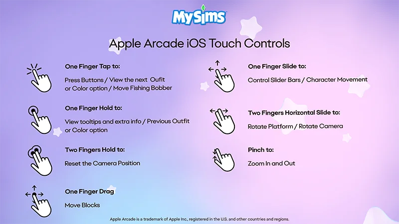 Иллюстрации сенсорного управления в MySims на ios, на фиолетовом фоне.
