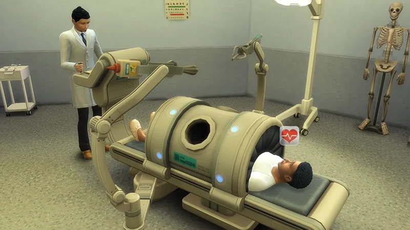 In a hospital setting a Doctor, wearing a white coat, is examining a Sim inside of a Surgery Station Machine.