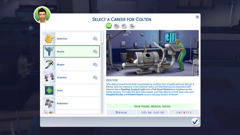 A menu for choosing a career in highlights the Doctor career showing the hourly rate, and working days/times.