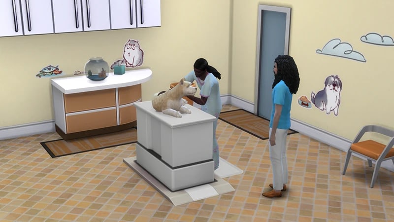 Two Sims in a Vet Clinic examine a beige and white dog at a table in The Sims 4.