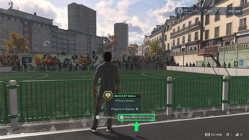 Player stands at a Bucket Ball queue zone with the Play Here With Party option highlighted.