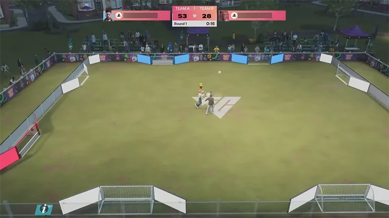 Players compete in Goal Control, aiming the ball at multiple goals around the pitch to score points.