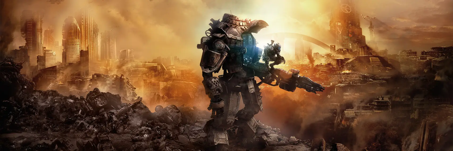 A pilot rides atop an armed Titan standing amid rubble overlooking a war-torn futuristic city.