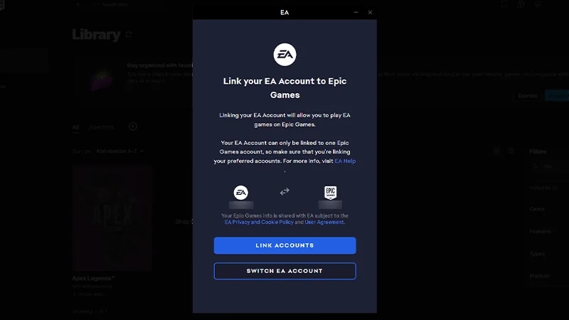 Epic Games EA Account linking page.