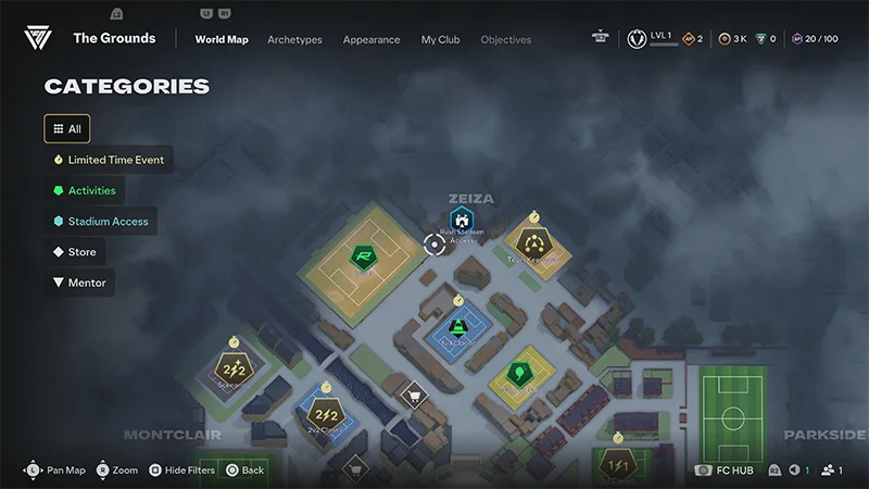 The Grounds World Map showing Zeiza, with activity, stadium access, store, mentor, and limited-time event markers.