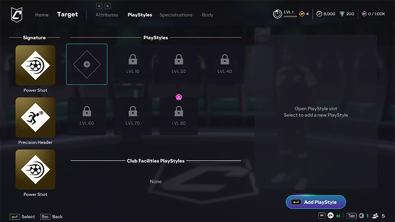 EA SPORTS FC Clubs PlayStyles screen showing unlocked, locked, and selectable PlayStyle slots.