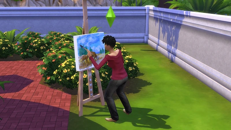 A Sim with short dark hair stands outside in front of an easel where she paints a scene of some deer out in nature.
