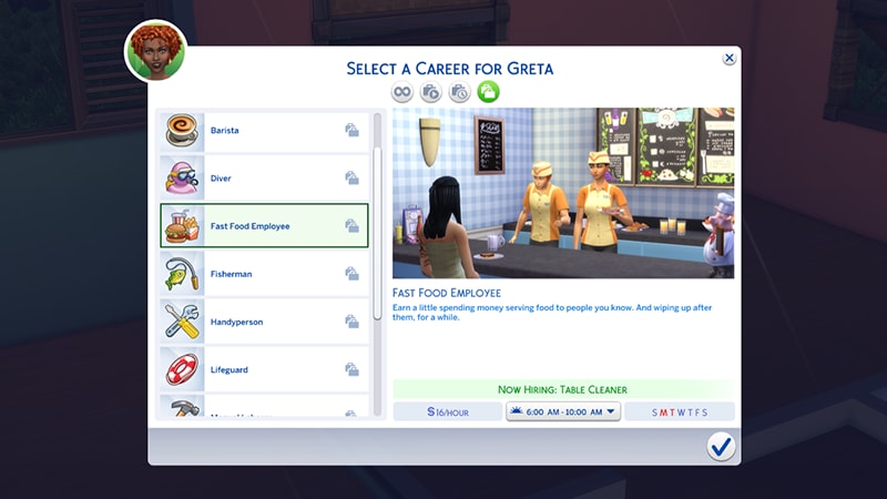 A menu for showing the Fast Food Employee highlighting the hourly rate, and working days/times.