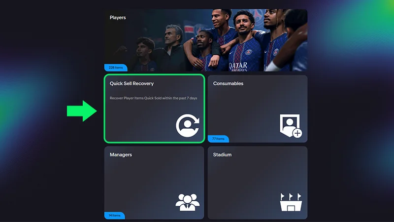Panel Pemulihan Jual Cepat disorot dengan panah hijau.