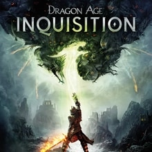 인퀴지터가 Dragon Age: Inquisition 로고 아래 거대한 드래곤을 향해 빛나는 광선을 쏘아 올립니다.