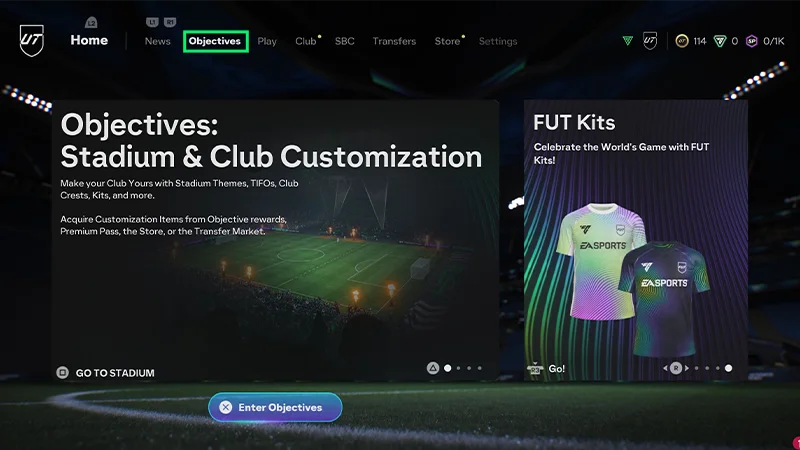 The Objectives tab in EA SPORTS FC26 showing Stadium and Club customization.