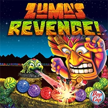 Zuma's Revenge!를 배경으로 티키 우상이 구슬을 쏘는 개구리와 대결합니다. 로고.