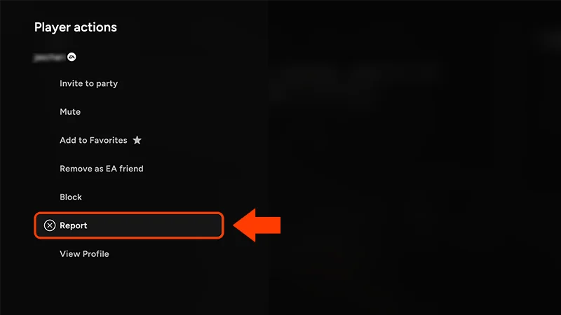 Hráč někoho nahlašuje přes EA Connect. Je vybráno nahlášení.