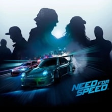 사람들의 실루엣과 Need for Speed 로고 아래에서 두 대의 스포츠카가 밤에 질주합니다.