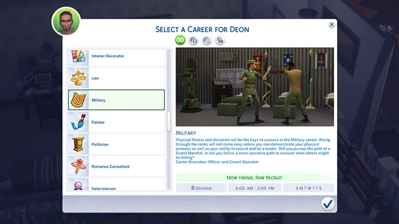 A menu for choosing a career in The Sims 4 highlights the Military career showing the hourly rate, and working days/times.