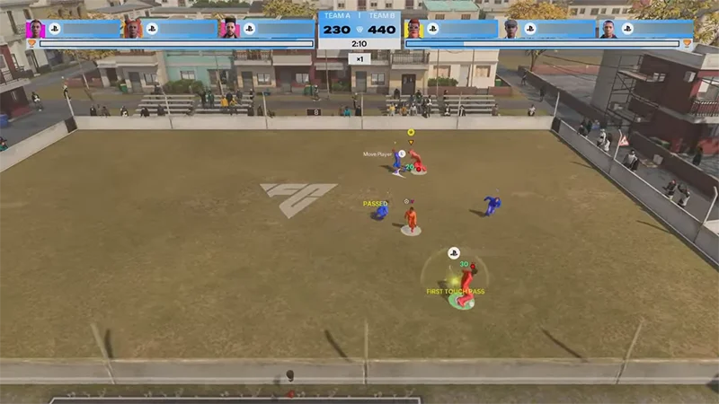 Players compete in Team Keep Away, passing the ball between teammates while opponents try to gain possession.