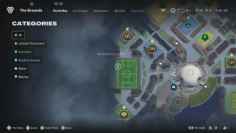 The Grounds World Map showing Montclair, with activity, stadium access, store, mentor, and limited-time event markers.