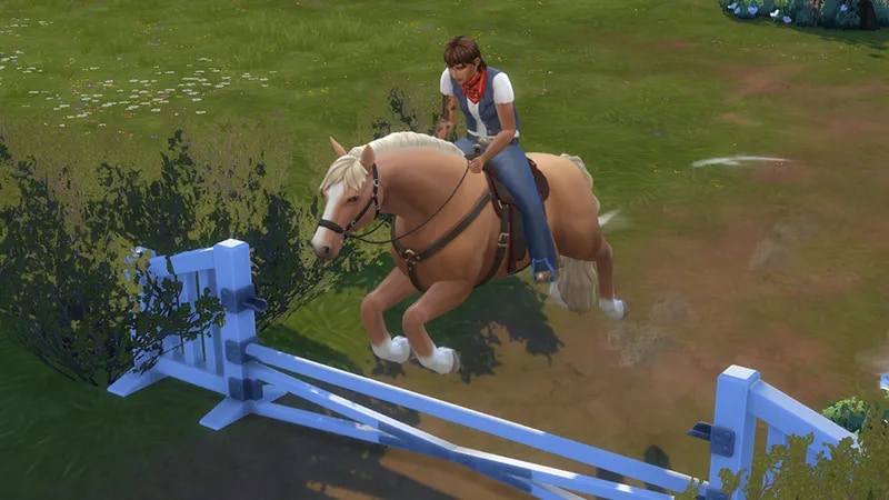 A Sim with short brown hair, wearing a bandana, sits atop a sandy colored horse as it practices a jump.