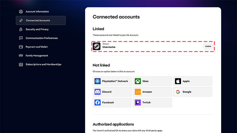 The EA app Connected accounts page shows a linked Steam account highlighted in red, with an option to unlink beside it.