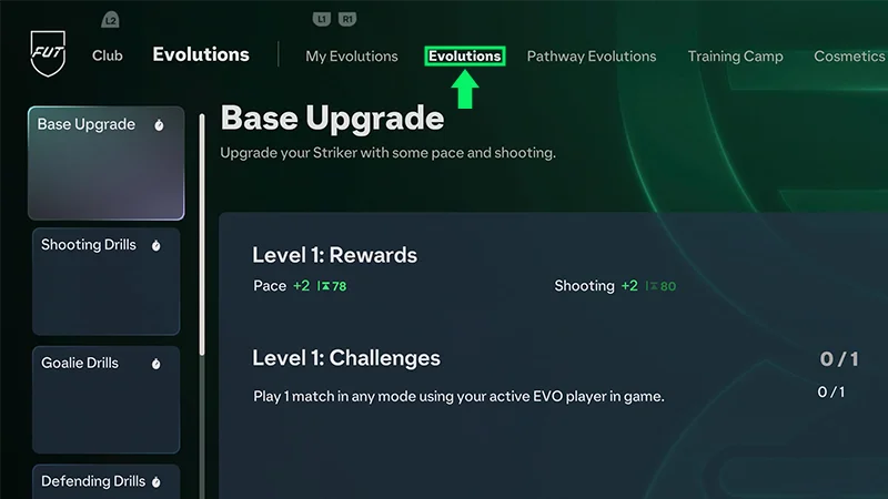 The Evolutions tab highlighted at the top of the screen with a green arrow.