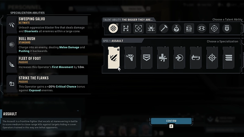 Assault is selected under Choose a Specialization. Its Specialization Abilities are listed on the left.