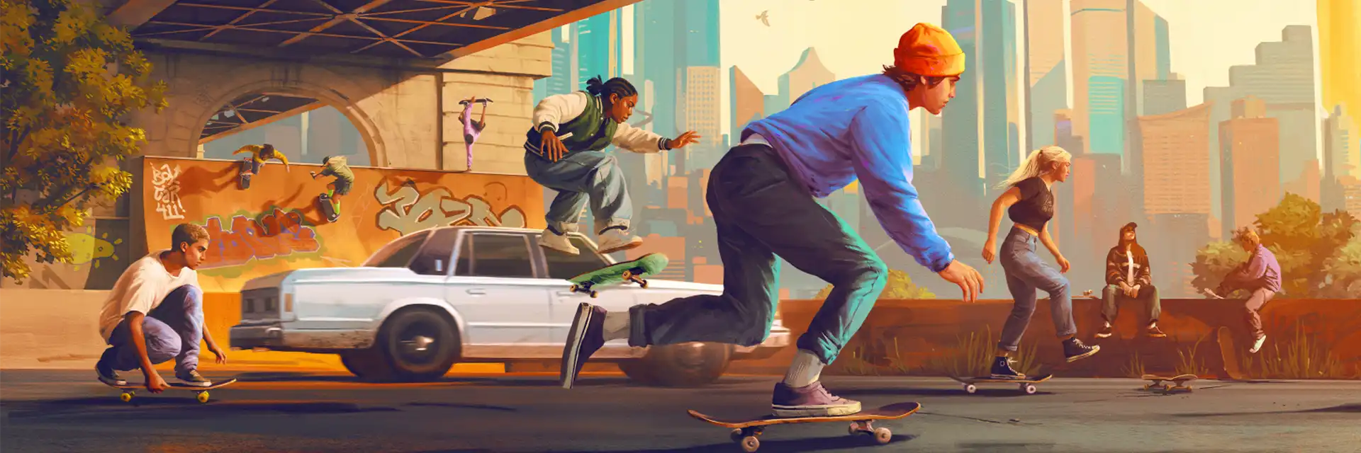 Skaters ride under an overpass in a lively city scene.