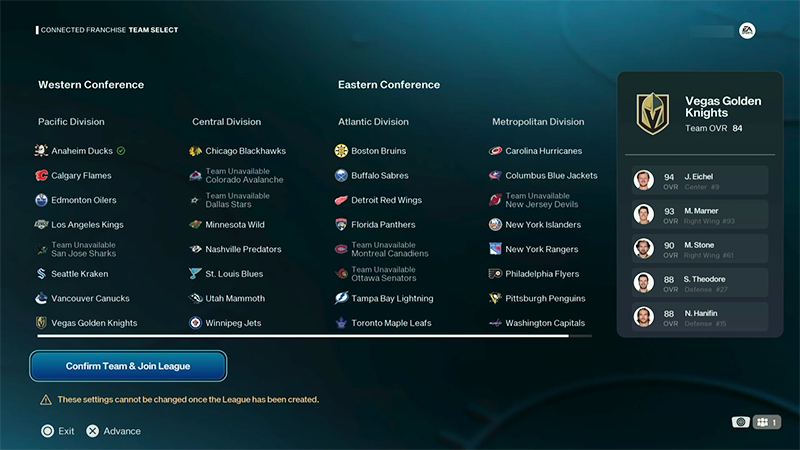 Team Select screen with a 'Confirm Team & Join League' button to finalize the selected team choice.