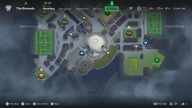The Grounds World Map with the Objectives tab highlighted at the top.