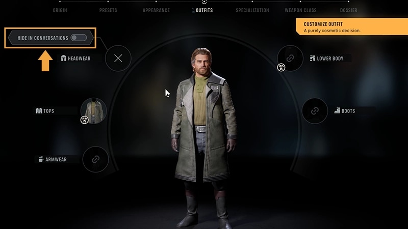 The Outfits screen is open. Over Headwear, the Hide in Conversation toggle is highlighted.