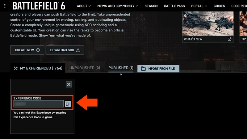 An Experience Code is highlighted in red under the Published tab of My Experiences.