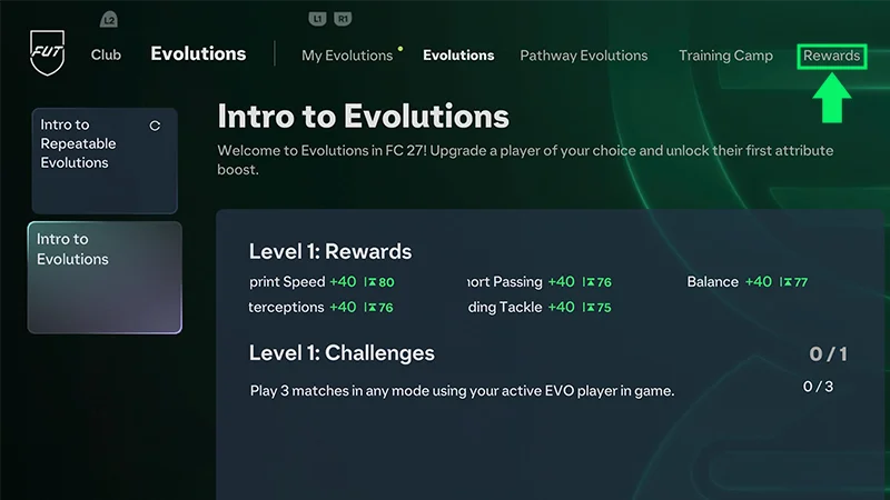 The Rewards tab highlighted at the top of the screen with a green arrow