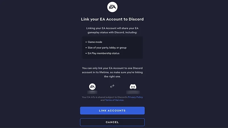 Discord EA Account linking page.