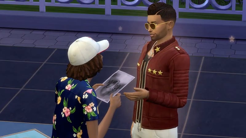 A glowing, famous Sim wearing sunglasses reaches out to a fan in a baseball cap and floral shirt to sign an autograph.