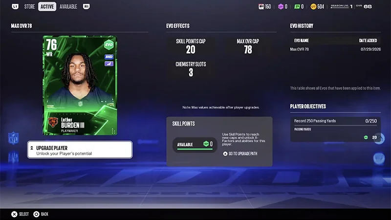 An in-game player item shows its Evo Effects and Evo History on the right side of the screen.